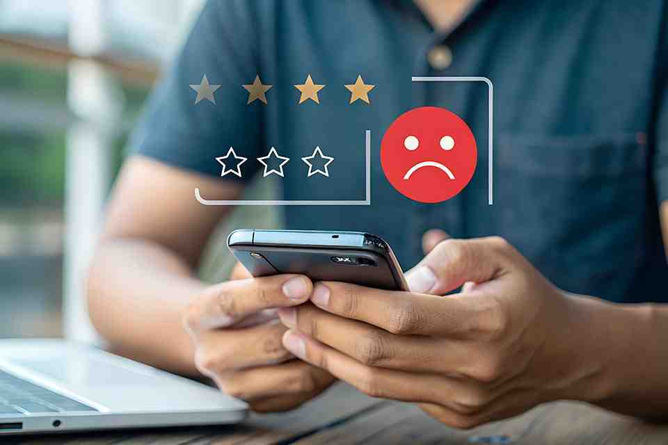 © main_asn - stock.adobe.com Mann bedient Smartphone, darüber negatives Smiley und schlechte Sterne Bewertung